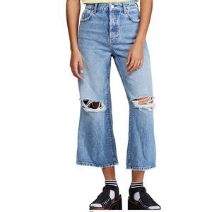 Free People Ranger Denim Wide Leg Crop Jeans Distressed Button Fly Cropped SZ 26